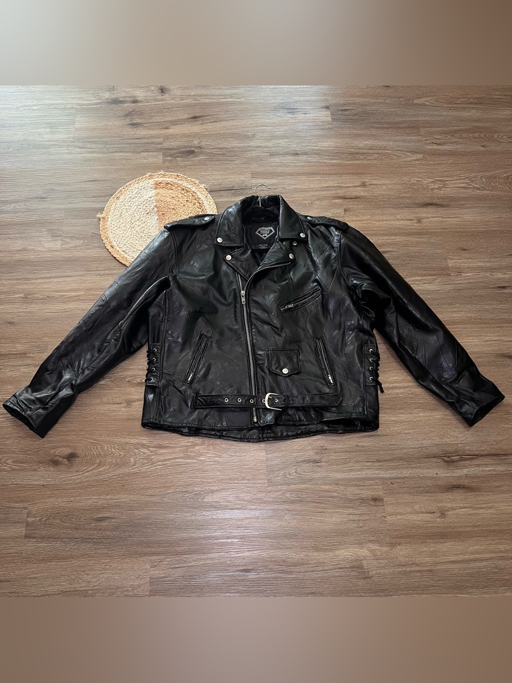 DIAMOND PLATE BUFFALO LEATHER Mens Patchwork Snap  Leather Jacket NWOT READ DESC